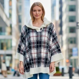 🌻Talbots Black White Red Plaid Lambswool Blend Knit Poncho Sweater Size Small